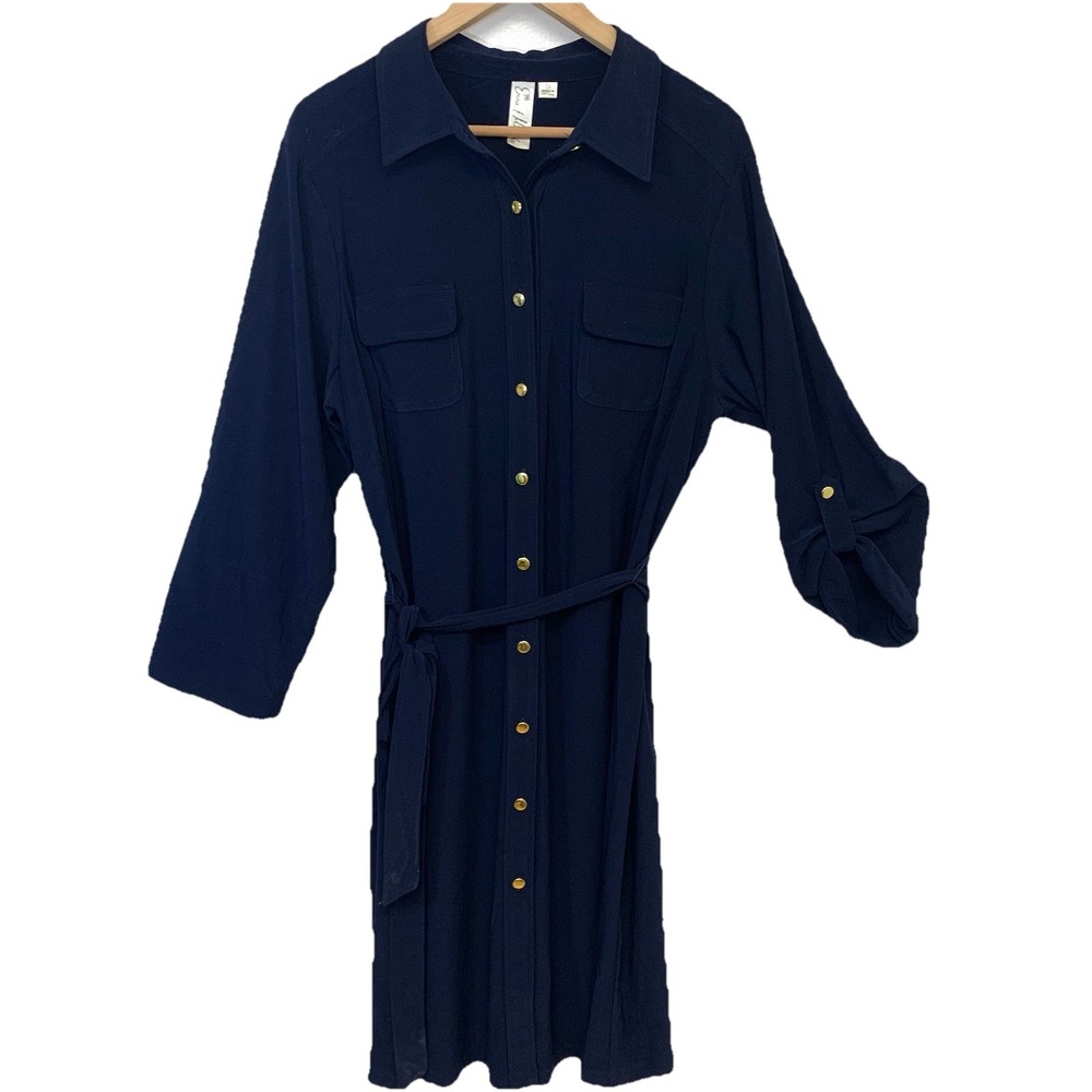 Emma Michele Button Front Navy Blue Dress 2X Midi Waist Tie Stretch Office Work
